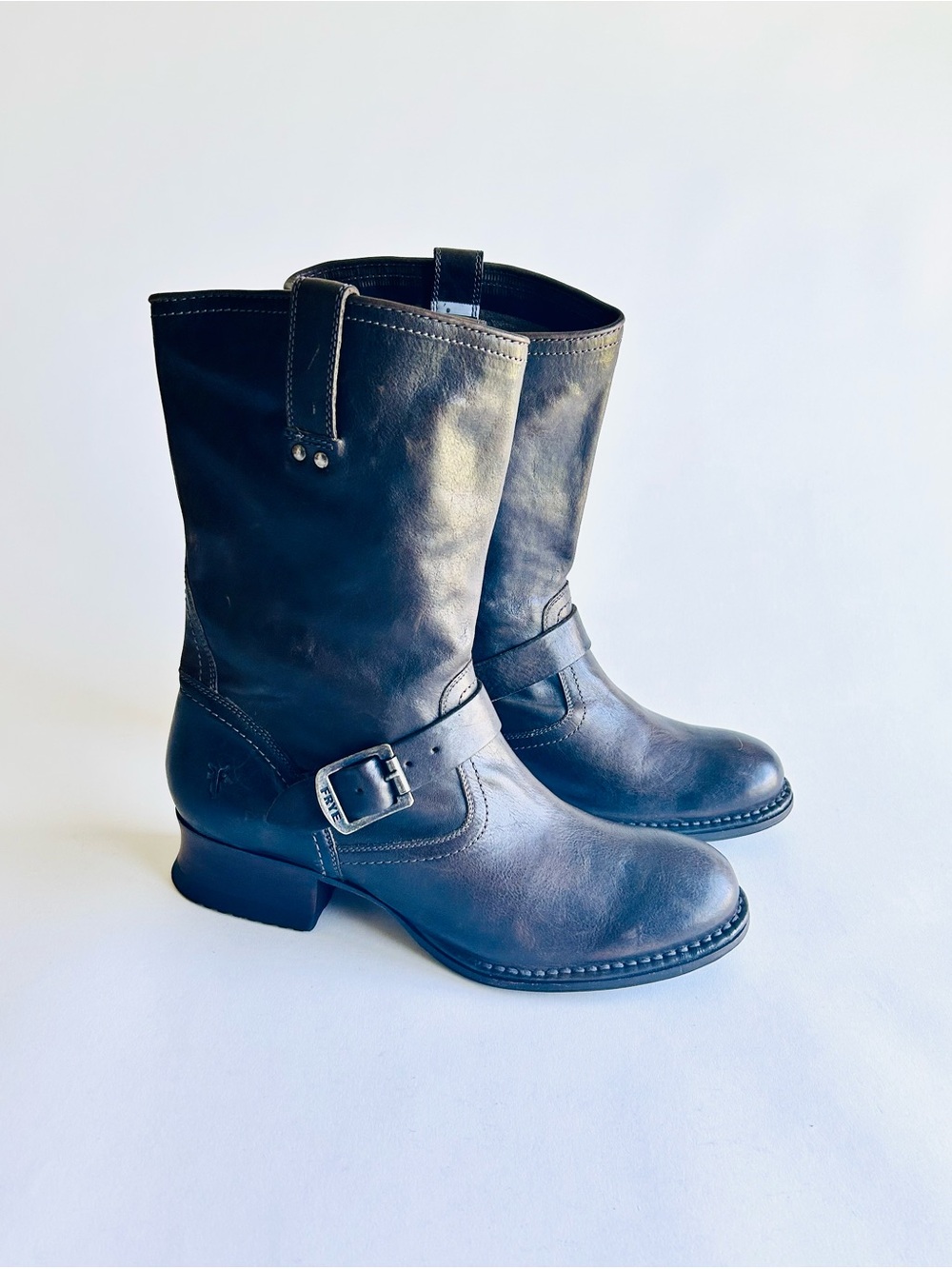 Frye Brown Genuine Leather Engineer Mid Calf Boots with Buckle size 10B